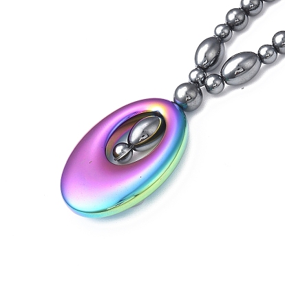 Collier pendentif ovale en hématite synthétique non magnétique avec chaînes perlées pour femme