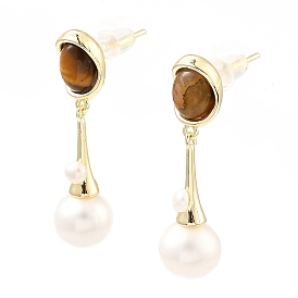 Natural Pearl & Tiger Eye Dangle Stud Earrings, Brass Teardrop Earrings for Women