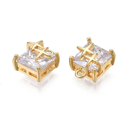 Brass Inlaid Cubic Zirconia Charms, Real 18K Gold Plated, Square with Star