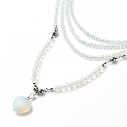 2Pcs 2 Style Opalite Heart Pendant Necklaces Set, Roudn Beaded Triple Layer Multi-strand Necklaces with Brass Magnetic Clasp for Women