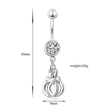 Piercing Jewelry Real Platinum Plated Brass Rhinestone Handcuffs Navel Ring Belly Rings, 43x9mm