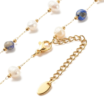 Natural Gemstone & Pearl Beaded Necklace, Gold Plated Stainless Steel Jewelry for Women