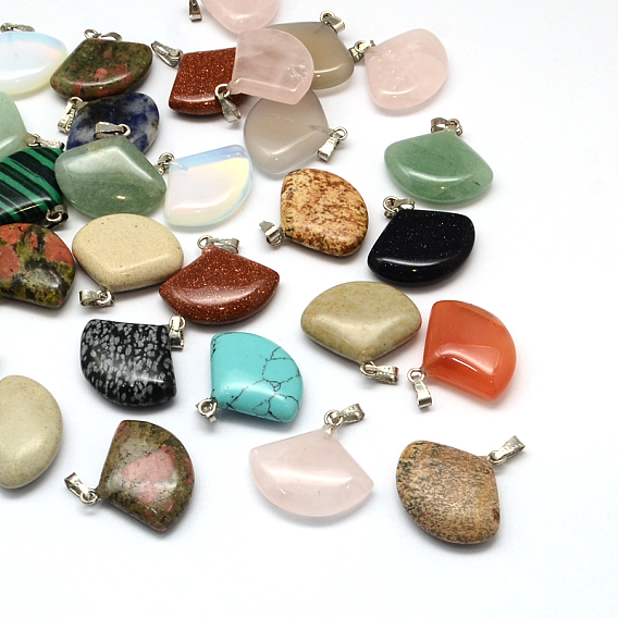 Ventilateur pendentifs de pierres précieuses, avec les accessoires en laiton de tonalité de platine, 20~21x21~22x5~6mm, Trou: 2x7mm