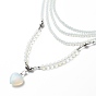 2Pcs 2 Style Opalite Heart Pendant Necklaces Set, Roudn Beaded Triple Layer Multi-strand Necklaces with Brass Magnetic Clasp for Women