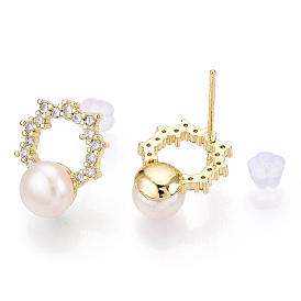 Natural Pearl Ring Stud Earrings, Brass Micro Pave Cubic Zirconia Earring with 925 Sterling Silver Pins
