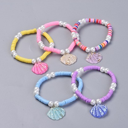 Eco-Friendly Handmade Polymer Clay Heishi Beads Kids Stretch Bracelets, with Glass Pearl and Resin Paillette Pendants, Shell