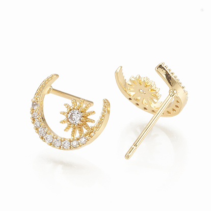 Brass Ear Studs, with Micro Pave Cubic Zirconia, Moon, Nickel Free, Real 18K Gold Plated