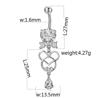 Piercing Jewelry, Brass Cubic Zirciona Navel Ring, Belly Rings, with 304 Stainless Steel Bar, Lead Free & Cadmium Free, Herat