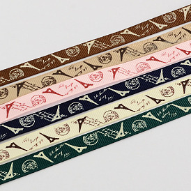Single Face Eiffel Tower & Stamp Printed Polyester Grosgrain Ribbon
