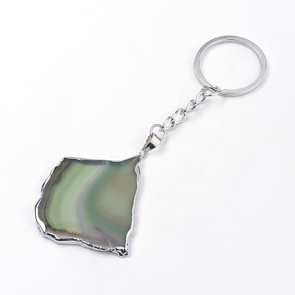 Platinum Plated Natural Agate Keychain, with Iron Findings, Nuggets, Mixed Color