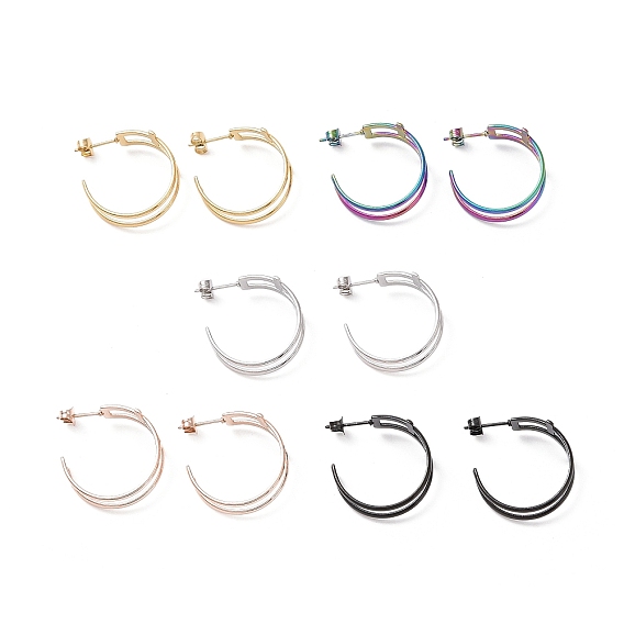 304 Stainless Steel Double Cross Stud Earrings, Half Hoop Earrings for Women