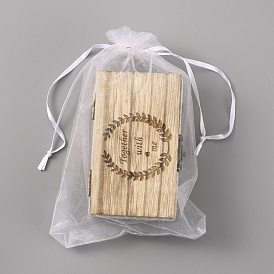 Rectangle Wooden Finger Ring Boxes, with Mesh Drawstring Bag, for Wedding, Word Together with Me