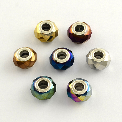 Perles européennes en verre, perles de grand trou avec placage en laiton plaqué couleur argent double noyaux, facette, rondelle, 14x9mm, Trou: 5mm