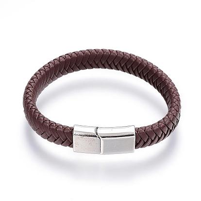 Bracelets cordon cuir tressé, avec fermoirs magnétiques en alliage, platine