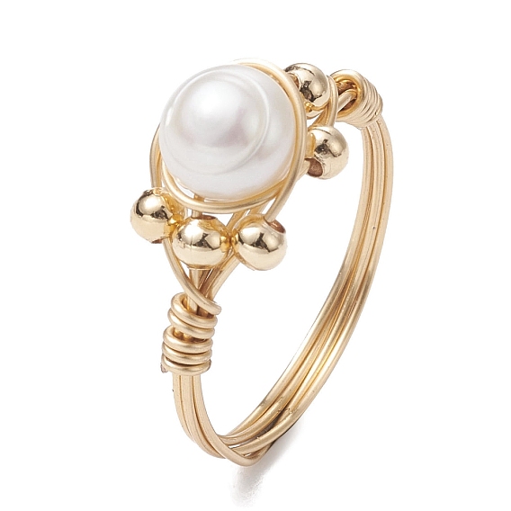 Anillos estilo cuentas trenzadas redondas de perlas naturales, anillo de dedo con envoltura de alambre de latón
