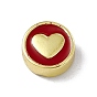 Brass Enamel Beads, Long-Lasting Plated, Cadmium Free & Lead Free, Real 18K Gold Plated, Flat Round with Heart