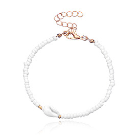 White Rice Bead Cowrie Shell Bracelet for Women - Fashionable Handmade Threaded Jewelry