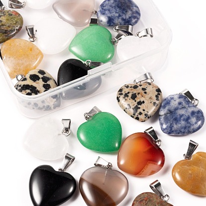 20Pcs 10 Style Heart Natural Gemstone Pendants, with Platinum Tone Brass Findings