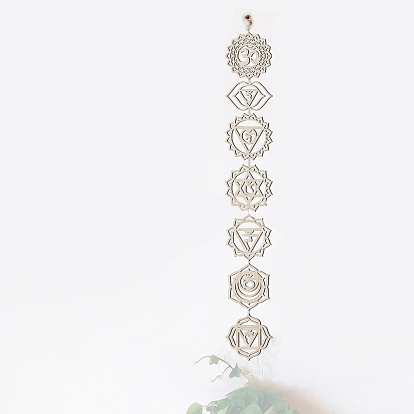 Kits de decoración colgante de madera con símbolo de energía de meditación bohemia inacabada diy, 7 adorno colgante de arte de pared de chakra yoga, con cuerda