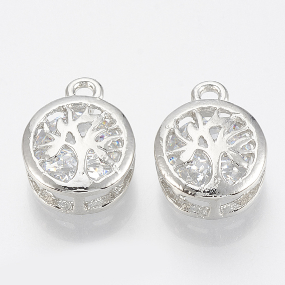 Alloy Cubic Zirconia Charms, Flat Round with Tree of Life