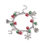Christmas Gift Box & Tree & Snowflake & Reindeer Alloy Charm Bracelet with Glass Pearl, Christmas Bracelet with 304 Stainless Steel Curb Chain for Women