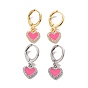 Clear Cubic Zirconia Heart Dangle Leverback Earrings with Pink Enamel, Rack Plating Brass Jewelry for Women, Cadmium Free & Lead Free