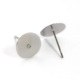 304 Stainless Steel Stud Earring Settings, Flat Round, Tray: 10mm, 12mm, Pin: 0.8mm