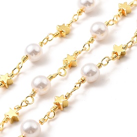 Glass Pearl Round Beaded Chain, with Brass Star Link Chains, Lead Free & Cadmium Free, Soldered, with Spool