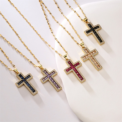 Vintage Cross Pendant Necklace with Copper and Zirconia for Women