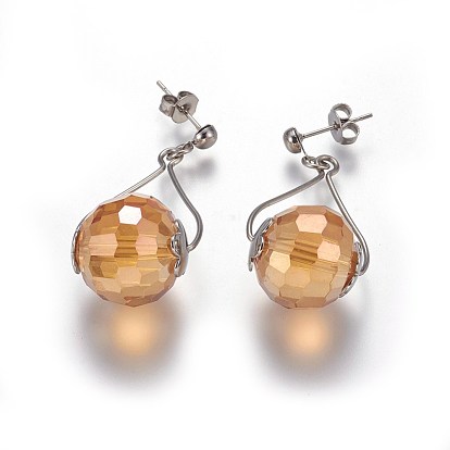 304 Stainless Steel Dangle Stud Earrings, with Glass Beads and Ear Nuts, Round, Faceted