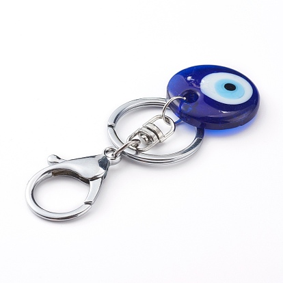 Handmade Lampwork Evil Eye Keychain, with Alloy Split Key Rings, Flat Round, Blue