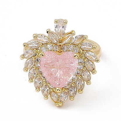 Bague réglable coeur en verre rose avec zircone cubique, bijoux en laiton pour femmes