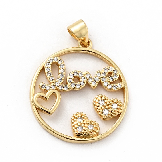 Placage de crémaillère en laiton micro pavé pendentifs en zircone cubique claire, plaqué longue durée, sans plomb et sans cadmium, bague ronde avec coeur et mot love