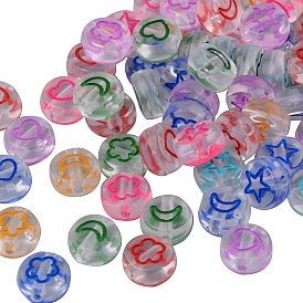Transparent Clear Acrylic Enamel Beads, Flat Round with Mixed Color Star & Moon & Flower & Heart