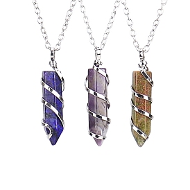 Natural & Synthetic Mixed Gemstone Hexagon Prism Pendant Necklace with Platinum Alloy Chains