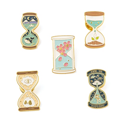 5Pcs 5 Style Alloy Enamel Brooches, Enamel Pin, with Butterfly Clutches, Sand Clock, Golden