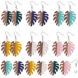 SUNNYCLUE DIY Earring Making, with Resin & Wood Pendants, Tropical Leaf Charms, Brass Earring Hooks and Iron Jump Rings, Monstera Leaf