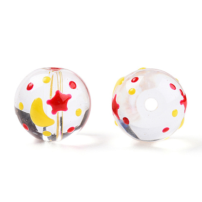 Perles de lampwork faites à la main transparentes, rond avec motif lune et étoile