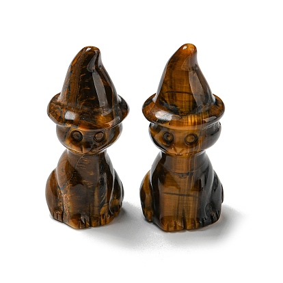 Natural & Synthetic Gemstone Carved Cat with Witch Hat Figurines, for Home Office Desktop Feng Shui Ornament
