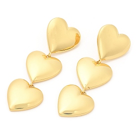 Rack Plating Brass Triple Heart Dangle Stud Earrings, Lead Free & Cadmium Free