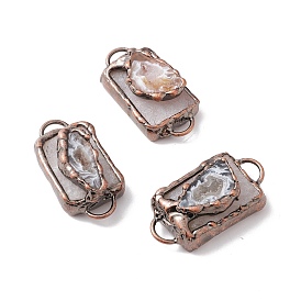 Natural Druzy Agate Connector Charms, with Red Copper Tone Brass Findings, Rectangle, Cadmium Free & Lead Free