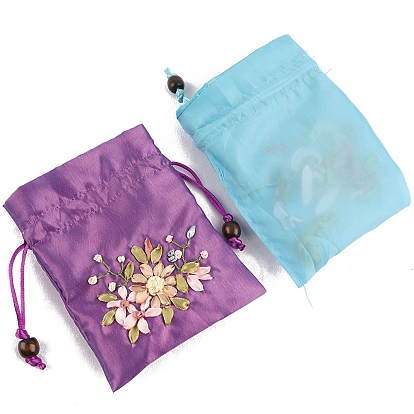 Bolsas de embalaje de joyas de satén con estampado de flores, bolsas de regalo con cordón, Rectángulo
