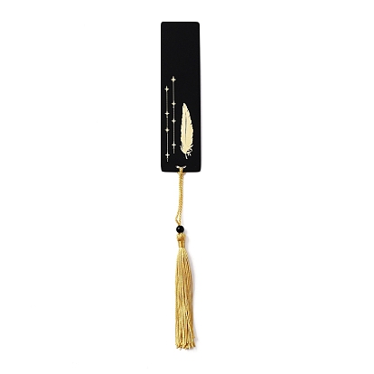 Brass Bookmarks, with Polyester Tassel & Plastic Beads, Rectangle with Moon & Feather