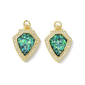 Brass Micro Pave Cubic Zirconia Pendants, with Synthetic Opal and Jump Ring, Long-Lasting Plated, Shield Shape