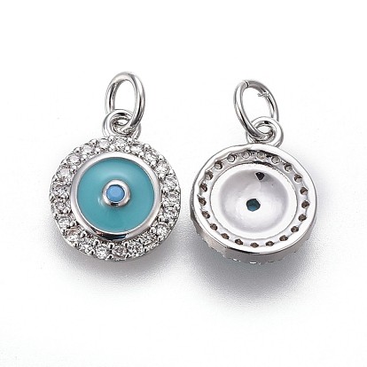 Brass Charms, with Enamel and Micro Pave Cubic Zirconia, Long-Lasting Plated, Flat Round