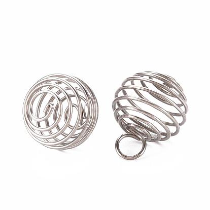 304 Stainless Steel Wire Pendants, Spiral Bead Cage Pendants, Round