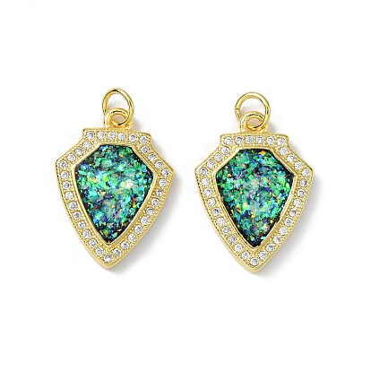 Brass Micro Pave Cubic Zirconia Pendants, with Synthetic Opal and Jump Ring, Long-Lasting Plated, Shield Shape