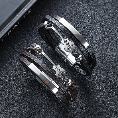 Leather Multi-strand Bracelets, Alloy Guitar Links Bracelet with Magnetic Clasp
