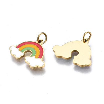 316 Surgical Stainless Steel Enamel Charms, with Jump Rings, Rainbow with Cloud, Colorful