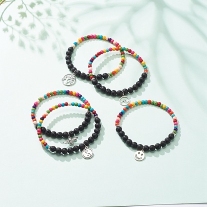 Bracelet extensible en pierre de lave naturelle et turquoise synthétique (teint) avec breloque en alliage, bijoux de pierres précieuses d'huile essentielle pour les femmes